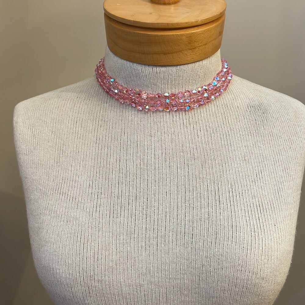 Vintage Three Strand Pink AB Crystal Necklace - Choker - Picture 5 of 16